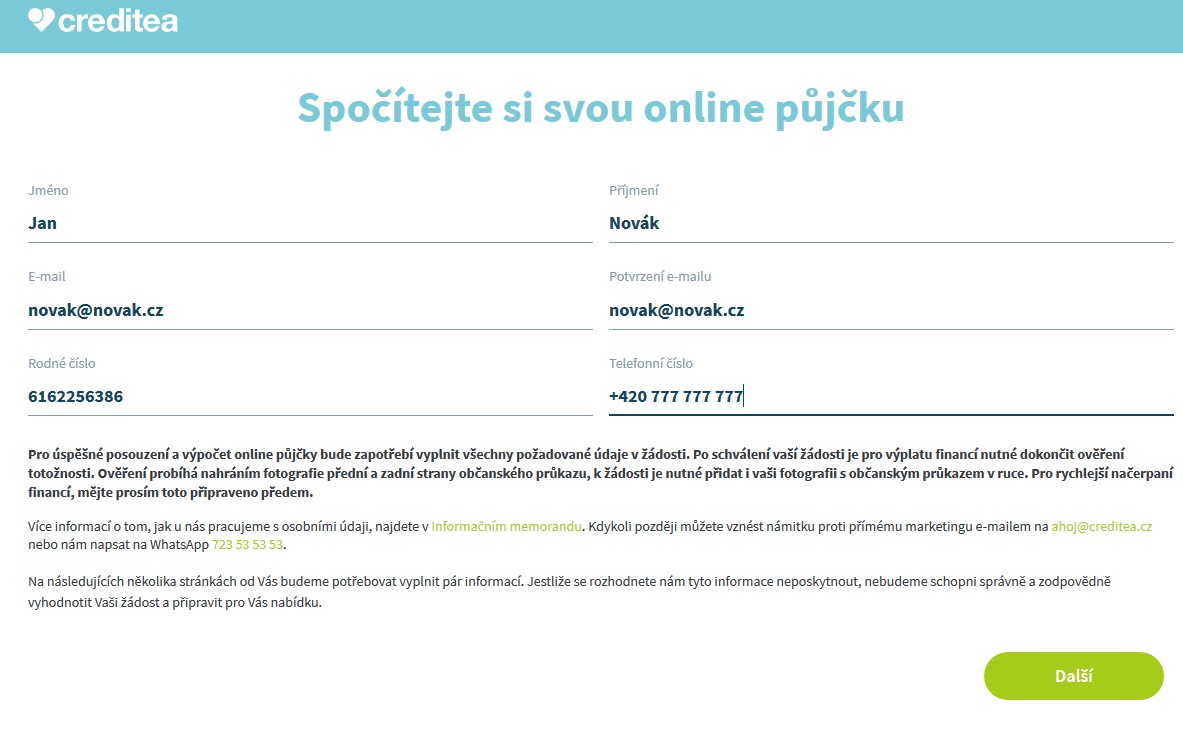 Žádost Creditea - krok 2
