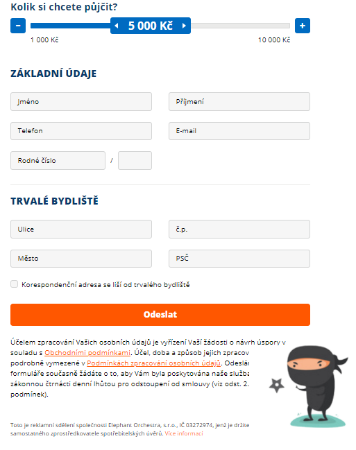 Žádost Ninja půjčka - krok 1