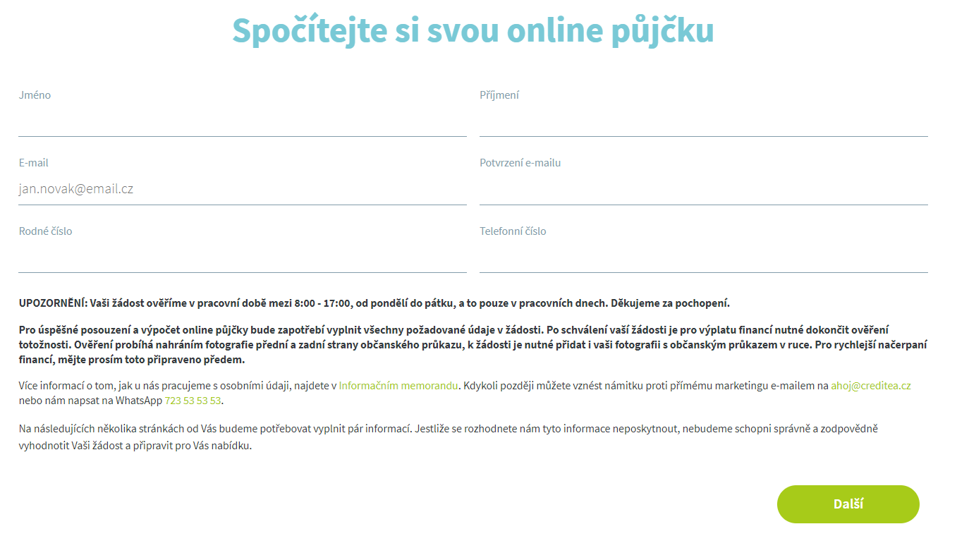 Žádost půjčka Creditea - krok 2