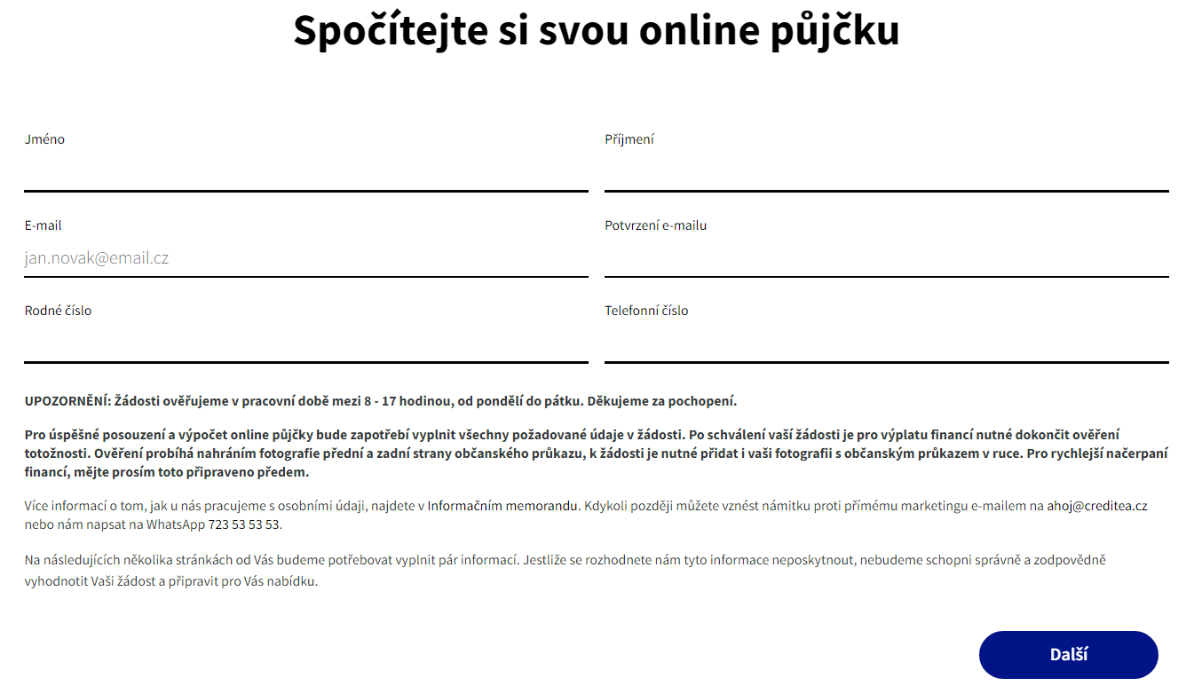 Žádost půjčka Creditea - krok 2