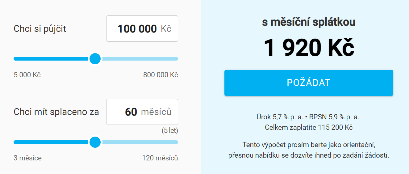 Žádost Equa bank minutová půjčka - krok 1